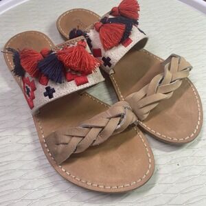 Soludos Tassel Women's Flat Sandals Fiesta Shoes Red/Tan&Blue Sz.8 Anthropologie